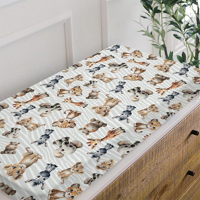 HawSkgFub African Safari Jungle Animals Changing Pad Cover Baby Girls Boys, Giraffe Elephant Leopard Lion Zebra Diaper Change Table Sheet, Soft Stretchy Safe Snug Fitted Changing Mat Fit 32"/34" x 16"
