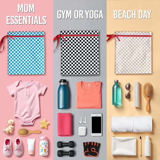 Bodysurf Waterproof Wet Bag for Swimsuit, Travel, Baby Essentials - Reusable Compact Organizer & Lightweight Storage for Dirty Laundry, Cloth Diapers, Gym, Yoga, Beach, Pool - Black, Checkered