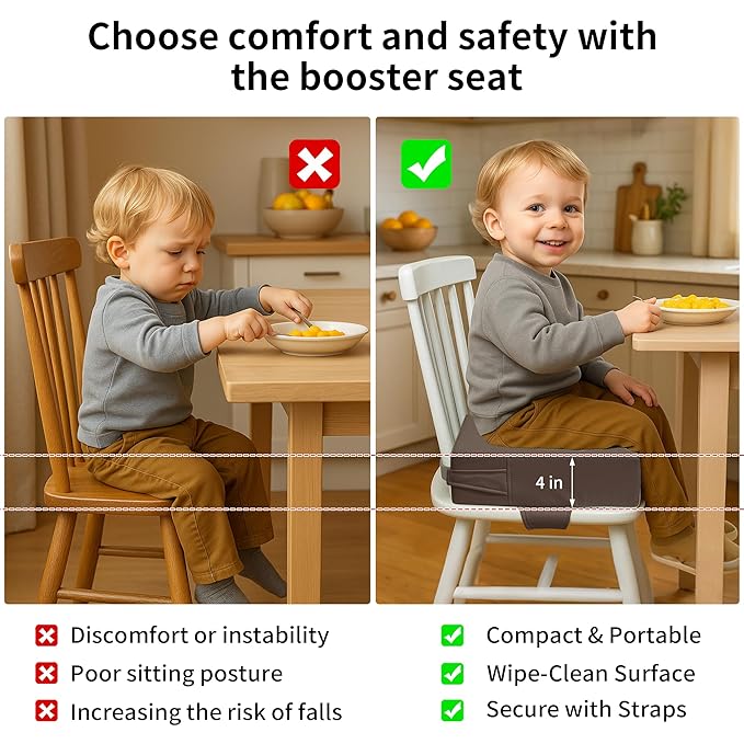 Toddler Booster Seat for Dining Table – PU Washable Cushion with Double Safe Straps, Non-Slip Bottom, Portable Travel Booster Seat for Toddlers (Dark Brown)