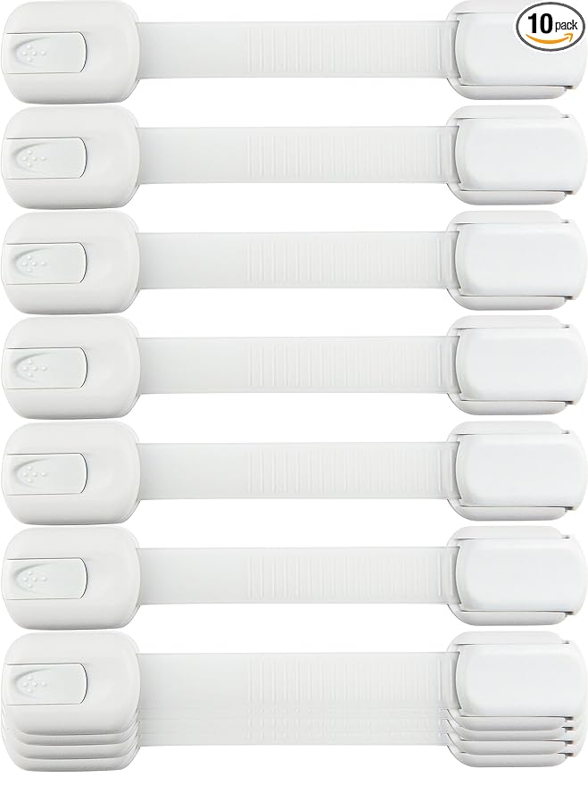 Child Safety Strap Locks (10 Pack) Baby Locks for Cabinets and Drawers, Toilet, Fridge & More. 3M Adhesive Pads. Easy Installation, No Drilling Required, White
