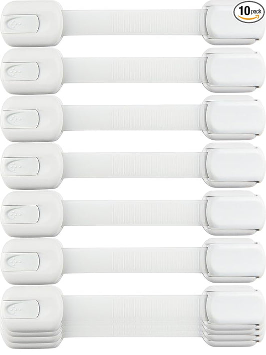 Child Safety Strap Locks (10 Pack) Baby Locks for Cabinets and Drawers, Toilet, Fridge & More. 3M Adhesive Pads. Easy Installation, No Drilling Required, White