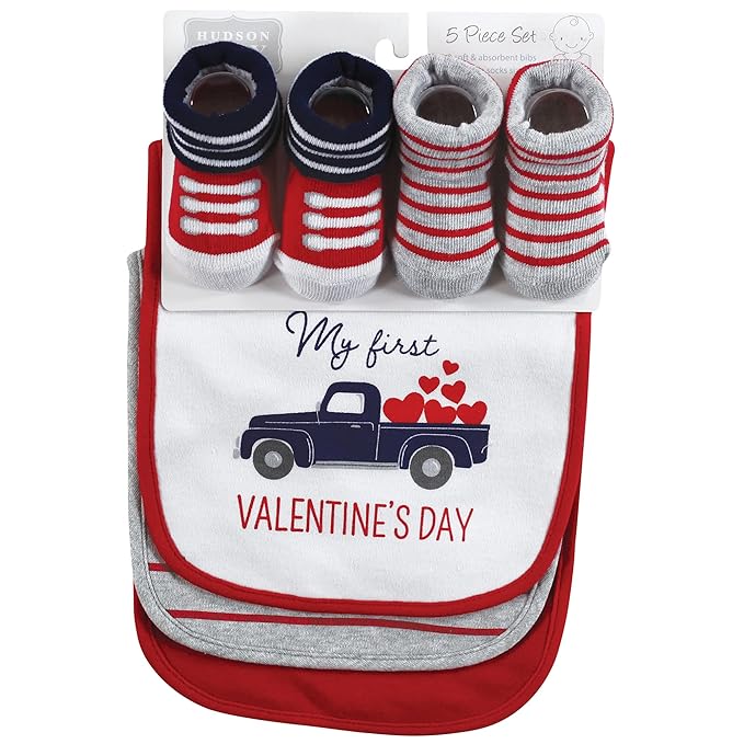 Hudson Baby Unisex Baby Cotton Bib and Sock Set, Valentine Truck, One Size