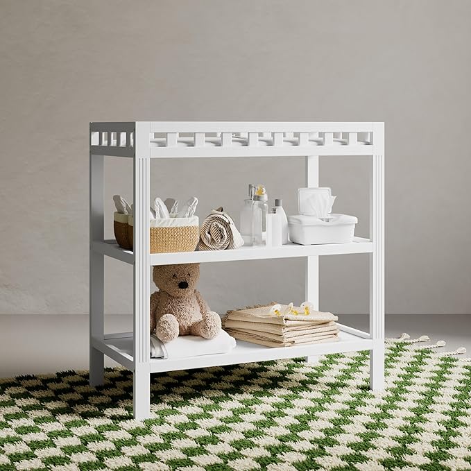 Storkcraft Morningside Changing Table (White) – GREENGUARD Gold Certified Baby Changing Table, Includes Waterproof Diaper Changing Pad, Easy 30-Minute Assembly, 2 Open Shelves for Storage