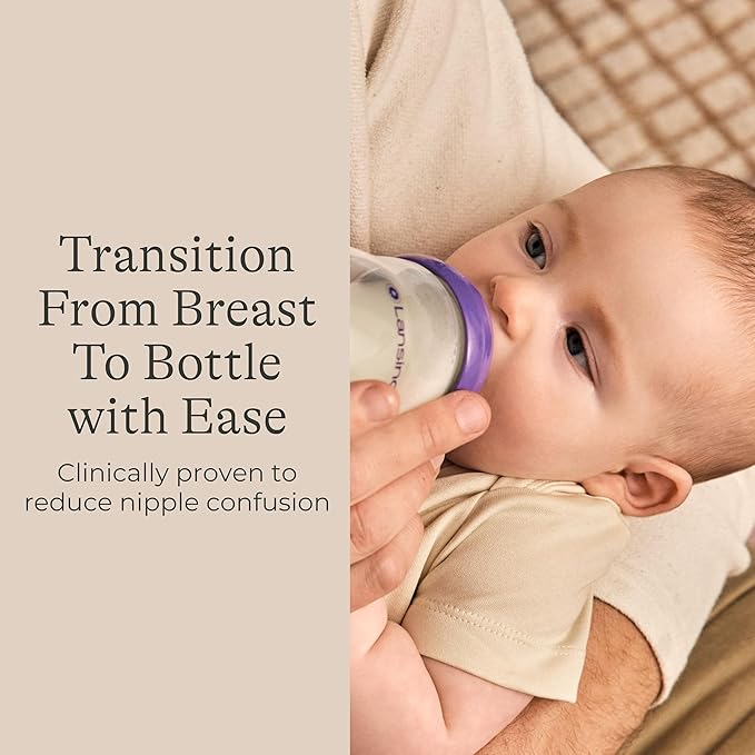 Lansinoh Anti-Colic Baby Bottles, BPA-Free Plastic, 11 Ounces, 4 Count, Fast Flow Nipples (Size F), Breastfeeding Bottle with NaturalWave Design