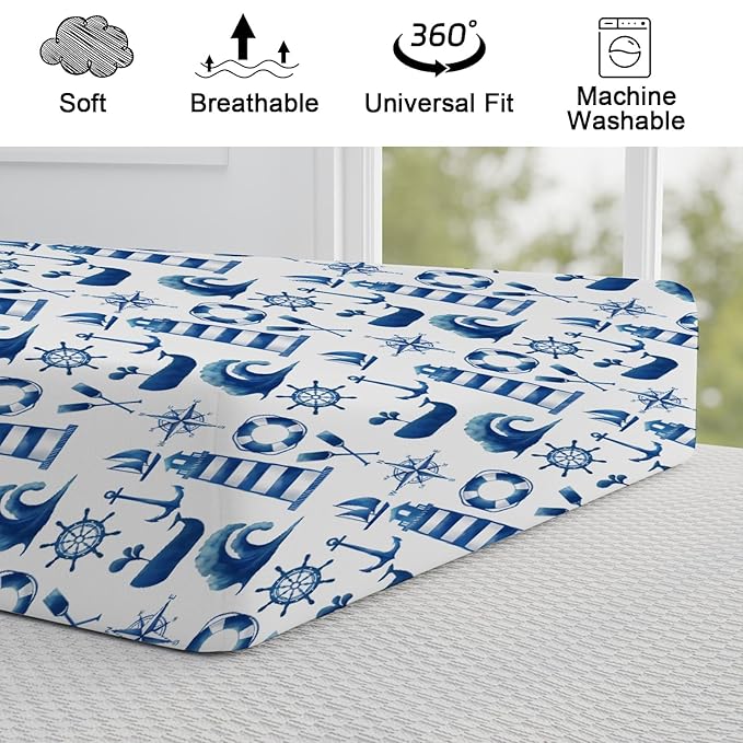 Navy Nautical Life Changing Pad Cover Marine Ocean Lighthouse Compass Whale Changing Table Cover for Baby Boys Girls Soft Breathable Stretchy Fitted Diaper Changing Mat Sheets 32''x16''