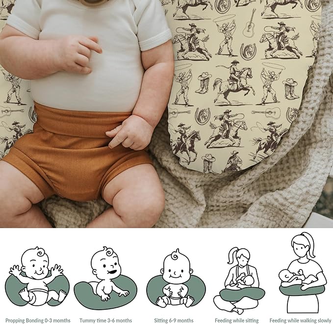 Vintage Cowboy Baby Nursing Pillow Covers for Boy Girl Western Horses Boots Hats Nursing Pillow Slipcovers for Breastfeeding Pillows Country Western Soft Stretchy Removable Covers for Newborn Infant