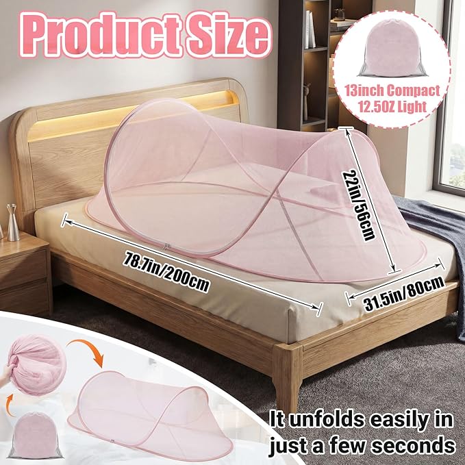 Large Pop up Mosquito Net for Camping Portable Foldable Mosquito Tent Bug Net Bed Travel Patio Outdoor 78 x 31 x 22 Inch Bug Netting Mesh Tent Canopy for Adults Baby Bedroom, Pink