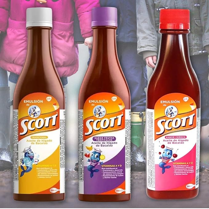 DECA EXPERTS Emulsion de Scott Aceite de hígado de bacalao sabor Frutas Tropicales Pack de 2 de 6.1 fl oz - 180 ml - con vitamina A y Calcio, suplemento dietético para niños, despensa Colombiana