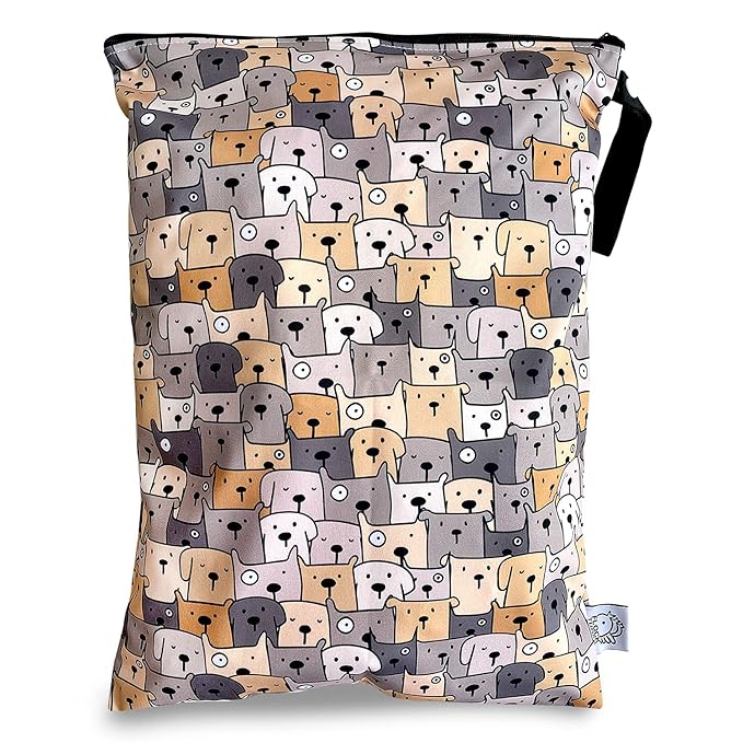 FLOCK THREE Washable and Reusable Wet Bag Diaper Bag Water Resistant Swimming Bag Travel Toiletries Pouch Yoga Gym Bag Cute Pugs 12.6'' x 16.5''