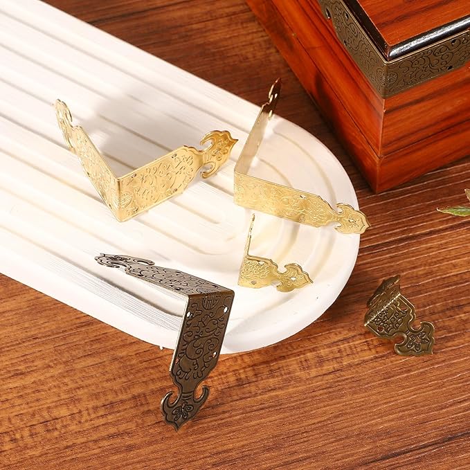 uxcell 4Pcs L Shaped Vintage Embossing Brass Decorative Corner 1 x 0.7 Inch Corner Protector with Mounting Nails Box Edge Guard Retro for Cabinets Furniture Decorative (Brass)