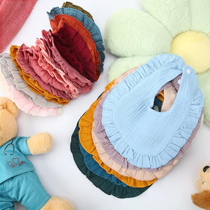 Kenning 18 Pcs Muslin Drool Baby Bibs Ruffle Absorbent Bib with Snap Button Boy Girl for Drooling Teething Infant Newborn