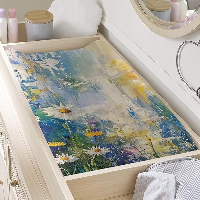 ZDCUSTOM Daisy Printing Changing Pad Sheets for Boys Girls Soft Breathable Changing Table Sheet Infant Newborn Changing Mat Sheet Fits 32"x16" Contoured Pad