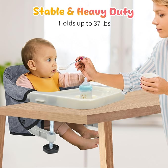 Hook On High Chair with Removable Tray for Babies 6-36 Months | Secure & Portable Foldable Travel High Chair | Clip On Baby Feeding Seat with Non-Slip Aluminum Clamp, Washable Cover & Carry Bag (Grey)