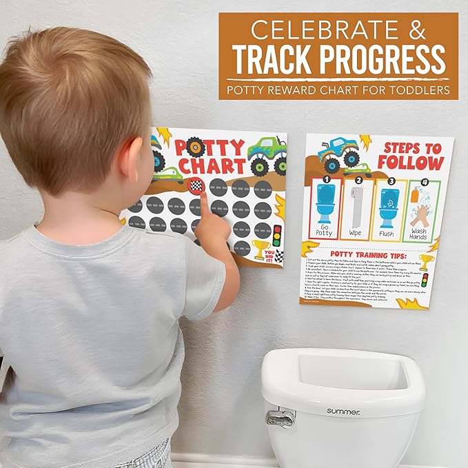 Hadley Designs Potty Training Chart for Toddlers Boys -10 Sticker Potty Chart for Toddlers Boys, 8.5x11" Potty Training Sticker Charts for Toilet Success, Monster Truck Toddler Reward Chart for Kids
