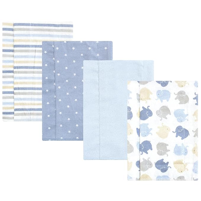 Hudson Baby Unisex Baby Cotton Flannel Burp Cloths 4-Pack, Multi Color Boy Elephant, One Size