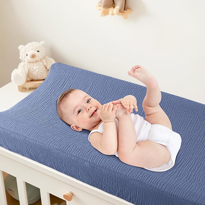 Bearmoss Baby Changing Pad Cover, Muslin [100% Cotton] Diaper Table Covers, 32'' x 16'' Soft Breathable Changing Pad Sheets for Unisex Baby Girls and Boys with Strap Holes (BlueWhite)
