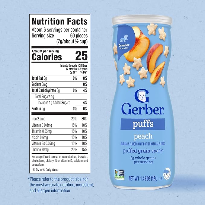 Gerber Stage 3 Baby Snacks, Peach Puffs, Puffed Grain Snack, Baby Led Feeding, Iron & Choline, Puffs Snacks for Babies, 6-Pack