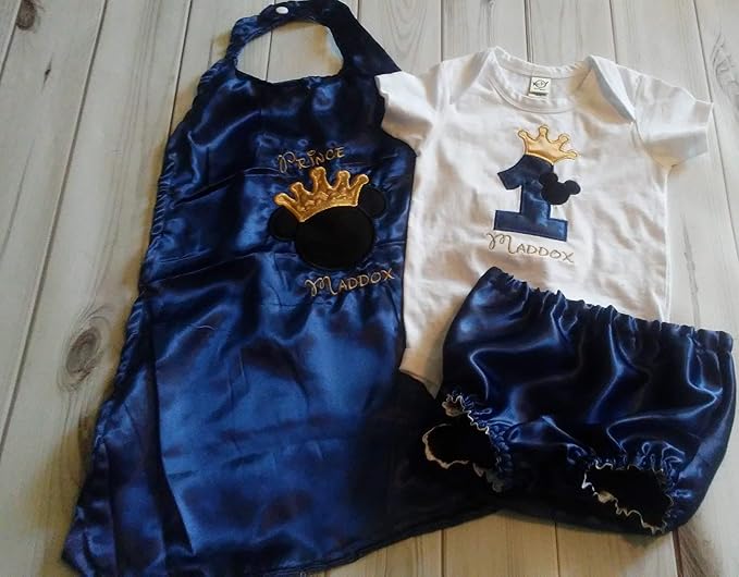 1st 2nd Birthday Smash cake photo prop KING or PRINCE MICKEY NAVY BLUE gold crown onesie cape diaper cover 6 months to 24 months