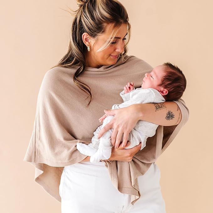 MakeMake Organics Knit Breathable Nursing Cover Up for Breastfeeding - Soft GOTS Certified Organic Cotton Breastfeeding Cover Up for Women - Privacy Feature, Sand
