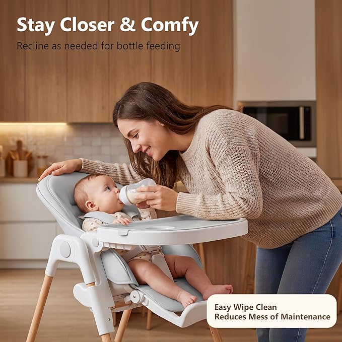 Kinder King Convertible High Chair for Babies & Toddlers, Adjustable Baby Feeding High Chair with Removable Double Tray, Simple Compact Fold for Space-Saving, 2 Built-in Wheels, Easy to Clean