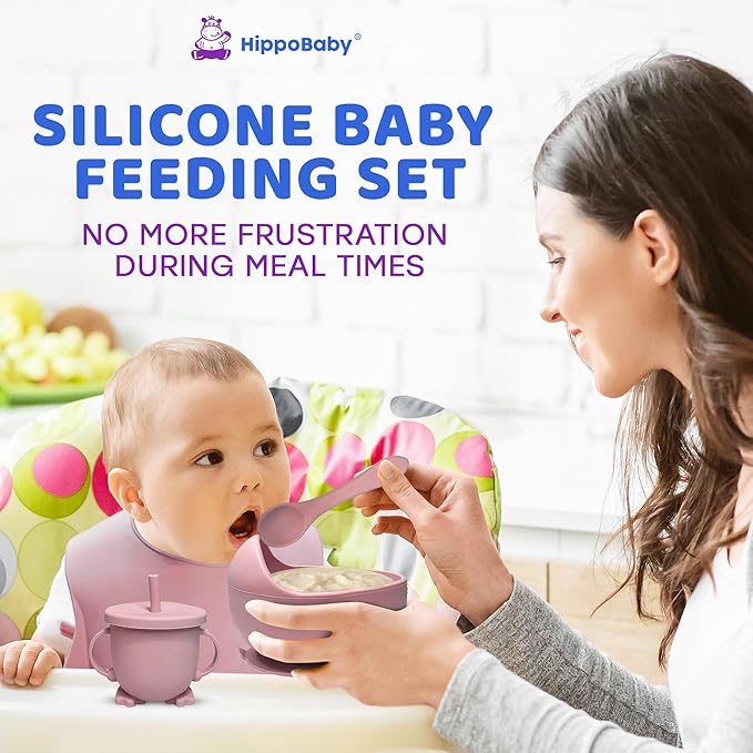 HippoBaby Baby Led Weaning Supplies |10 Piece Silicone Baby Feeding Set, Baby Toddler Bib Cup Divided Plate and Bowl Self Feeding Spoons Dish Set | Baby Utensils,Toddler Feeding Supplies (Rose Quartz)