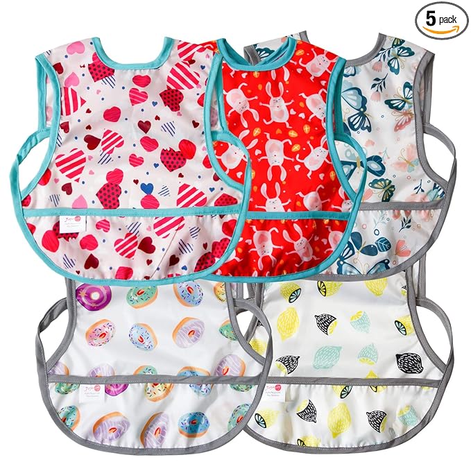 Joyo roy Mess Proof Baby Bibs for Baby Girl Waterproof Bibs for Babies 6-12 Months Soft Machine Washable Sleeveless Baby Smock Bib for Eating Travel Reusable Apron for Feeding Bib with Food Catcher