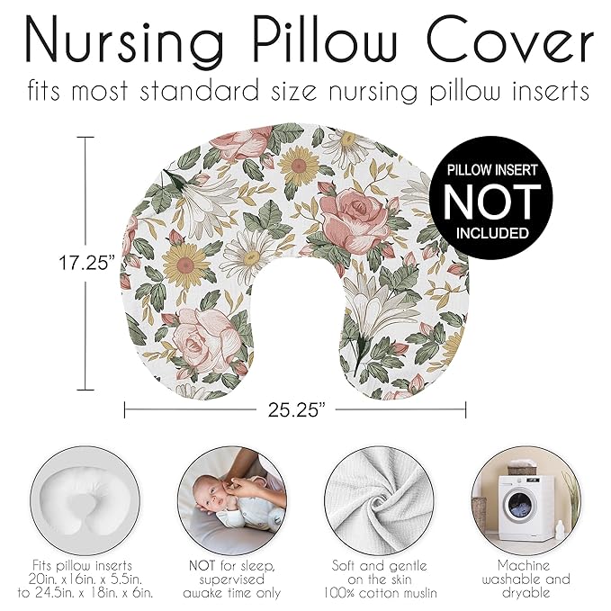 Sweet Jojo Designs 2-Piece Muslin Nursing Pillow Covers Set (Boho Vintage Floral) for Newborn Baby Girls 100% Cotton Breastfeeding Pillowcases - Pillow NOT Included (Shabby Chic, Bohemian, Farmhouse)