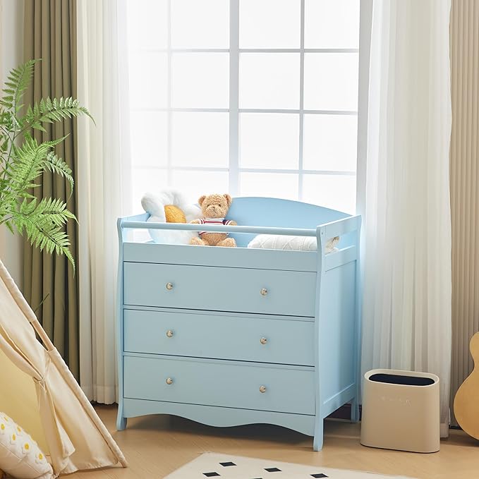Karl home Changing Table Dresser Baby Diaper Changing Station Infant Nursing Table with 3 Drawers, Safety Rail & Strap for Bedroom, Nursery, Blue