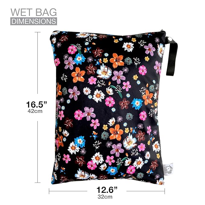 FLOCK THREE Washable and Reusable Wet Bag Diaper Bag Water Resistant Swimming Bag Pouch, Yoga Gym Bag Floral Print, 12.6'' x 16.5''