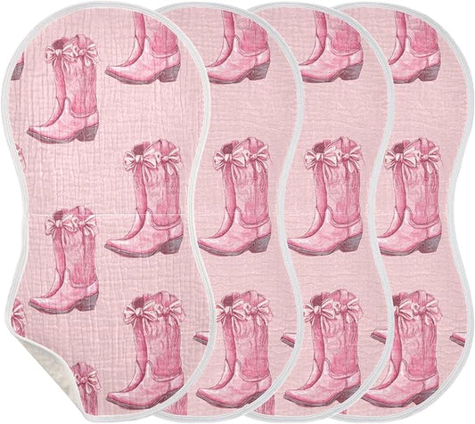Western Cowgirls Boots Pinks Burp Cloths Baby Boys Girls Absorbent Soft Cotton Burping Cloths Rags, 4 Pack