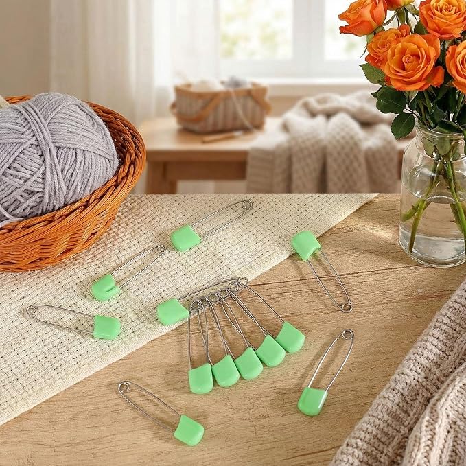 WILLBOND 50 Pcs Diaper Pins Safety 2.2 Inch Plastic Head Cloth Diaper Nappy Pins with Locking Closures Stainless Steel with Velvet Bag (Light Green)