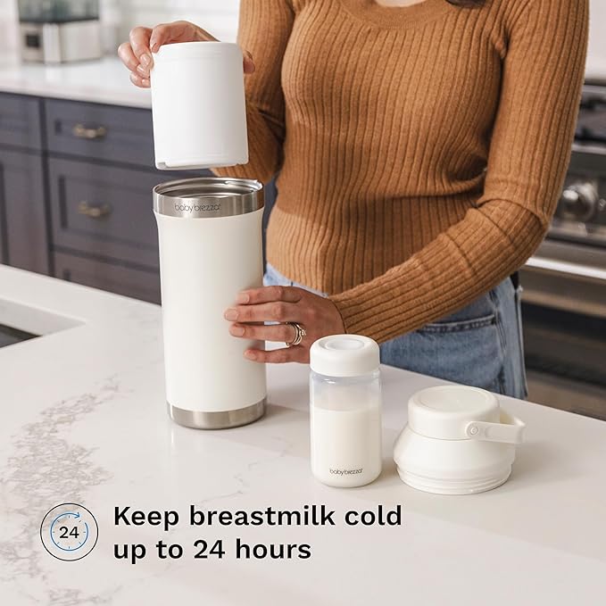 Baby Brezza All Day Portable Breastmilk Cooler, Large 20z Capacity, Insulated Travel Bottle Includes 2 Ice Packs + 2 Bottles, Soft White