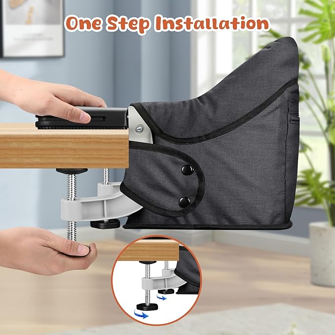 Hook On High Chair with Detachable Tray, Portable Foldable Clip On Baby Travel High Chair, Lightweight Feeding Seat with Storage Bag, BPA-Free Safety Harness for Home Restaurant (Black)