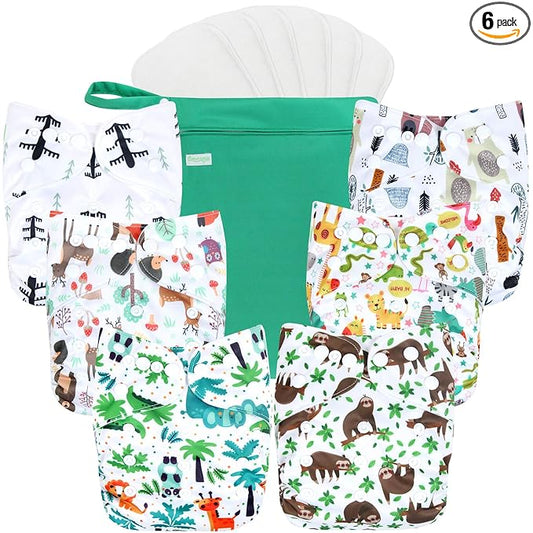 wegreeco Cloth Diapers 6 Pack with 6 Inserts & 1 Wet Bag, Washable Cloth Diapers for Babies, One Size Adjustable Reusable (Forest, Animals)