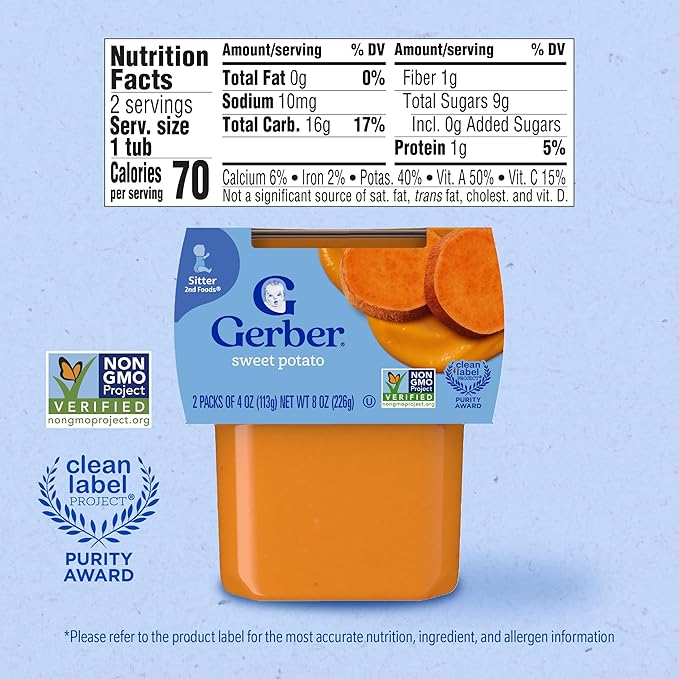 Gerber Stage 2 Baby Food, Sweet Potato Puree Tubs, No Added Salt, No Artificial Colors or Flavors, Baby Puree, 16-Pack