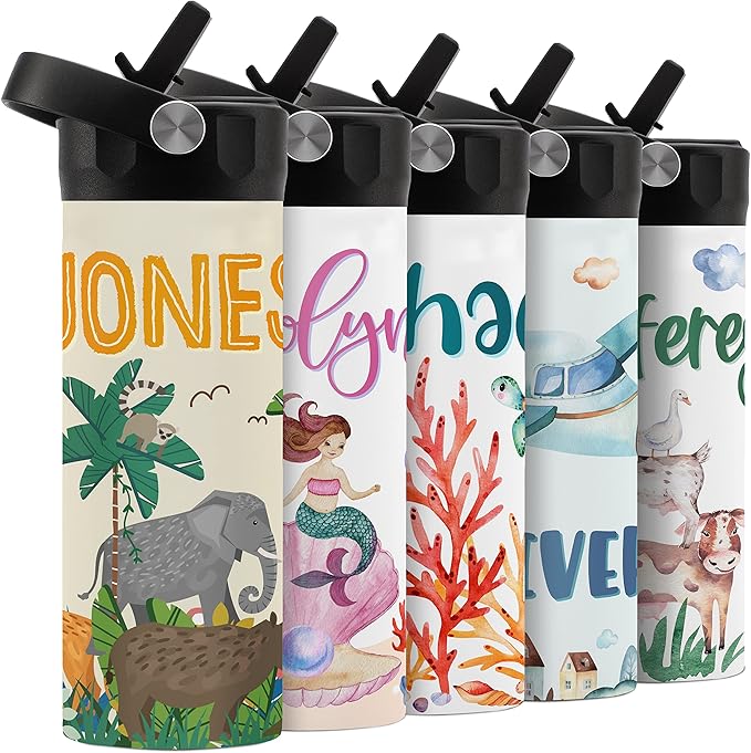 Personalized Kids Water Bottle with Straw Lid - 14 oz - 11 Wraparound Designs, Custom Water Bottle for Children, Back to School Gifts - BPA FREE, Double-Wall Insulated, Birthday Gifts - Zoo