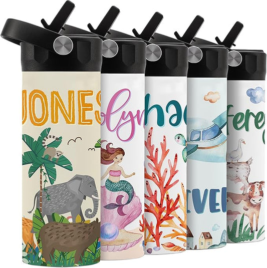 Personalized Kids Water Bottle with Straw Lid - 14 oz - 11 Wraparound Designs, Custom Water Bottle for Children, Back to School Gifts - BPA FREE, Double-Wall Insulated, Birthday Gifts - Zoo