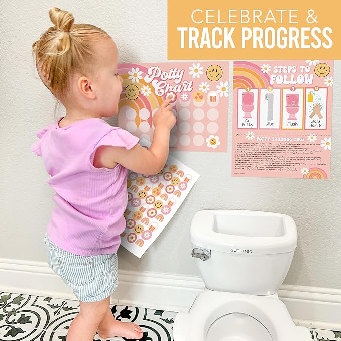 Hadley Designs Potty Training Chart for Toddlers Girls -10 Sticker Potty Chart for Toddlers Girls, 8.5x11" Potty Training Sticker Charts for Toilet Success, Retro Toddler Reward Chart for Kids