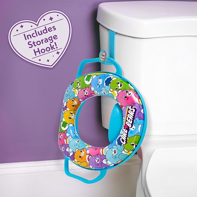 Care Bears Soft Potty Training Seat for Toilet with Storage Hook, Non-Slip Potty Ring with Splash Guard, Built-in Handles for Toddlers