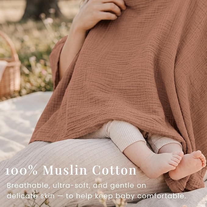 Konssy Muslin Nursing Cover for Breastfeeding, 360° Full Privacy Breathable 100% Cotton Breastfeeding Cover, Multi-use Carseat Canopy(Chestnut)