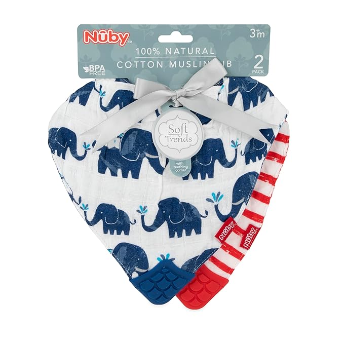 Nuby 2Piece Muslin Bandana Bib with Teether, Colors May Vary, 2 Count (Pack of 1)