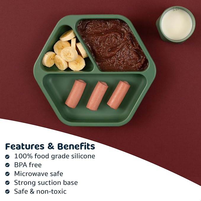 Tiny Twinkle Silicone Suction Baby Plate, Suction Grip Divided Dish for First Foods and Self-Feeding Toddlers, Baby Led Weaning Supplies for Independent Eating (Olive Plate with Lid)