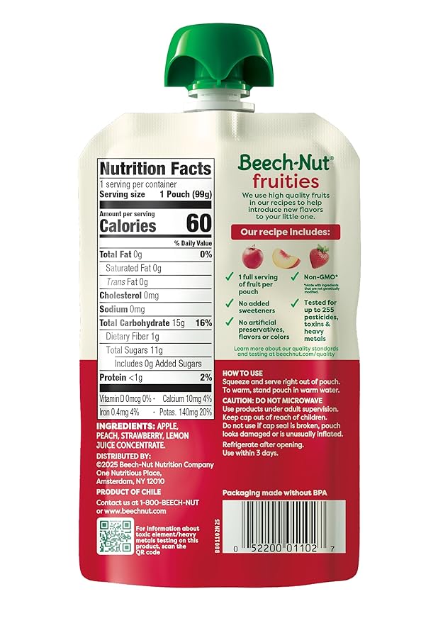 Beech-Nut Baby Food Pouches, Peach Apple Strawberry Fruit Puree Baby & Toddler Food, 3.5 oz (12 Pack)