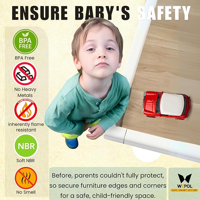 Table Edge Protector for Baby Proofing (18ft Edge & 8 Corners) Baby Proof Corners and Edges Guard, Soft NBR Rubber Foam 3M Adhesive, Furniture Corner & Edge Safety Bumpers for Table & Fireplace-White
