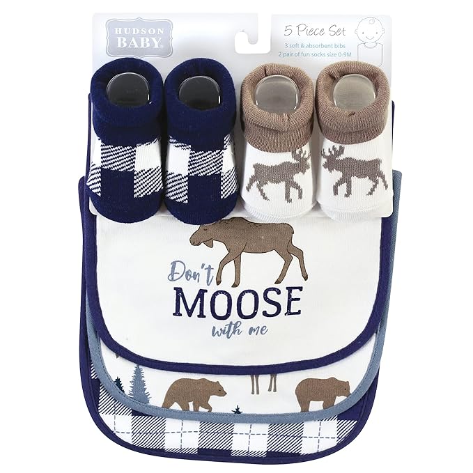 Hudson Baby Unisex Baby Cotton Bib and Sock Set, Moose Bear, One Size