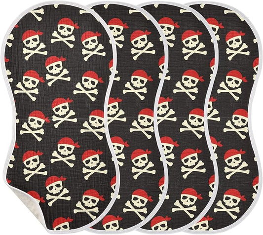 Muslin Burp Cloths for Baby Boys and Girls - 4-Pack Ultra Absorbent Pirate Skull Muslin Washcloths, Newborn Towel, Milk Spit Up Rags, Burp Cloth Bib for Unisex, 22 x 11 Inch
