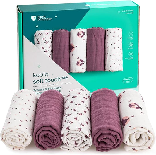 Koala Babycare 5 Pack 20"x10" Organic Burp Cloths for Baby Boys and Girls - GOTS & OEKO-TEX Cotton Burp Rags for Newborns - Absorbent Neutral Burping Cloths for Feeding - Washable Baby Bibs Essentials