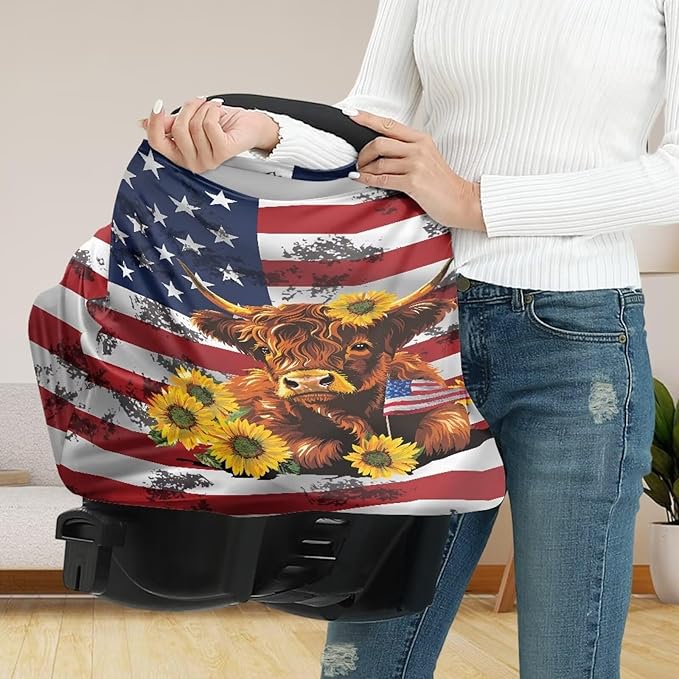 Belidome 4th of July Nursing Cover Up for Breastfeeding American Flag Nursing Cover Up Patriotic Carseat Canopy Highland Cow Sunflower Baby Girls Stuff
