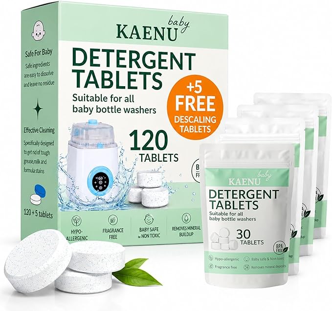 Bottle Washer Detergent Tablets -120 PCS & 5 Free Descaling Tablets - Compatible with all Baby Bottle Washers, Baby Brezza, Momcozy & Grownsy - Removes Milk Residue & Odor from Bottles & Pump Parts