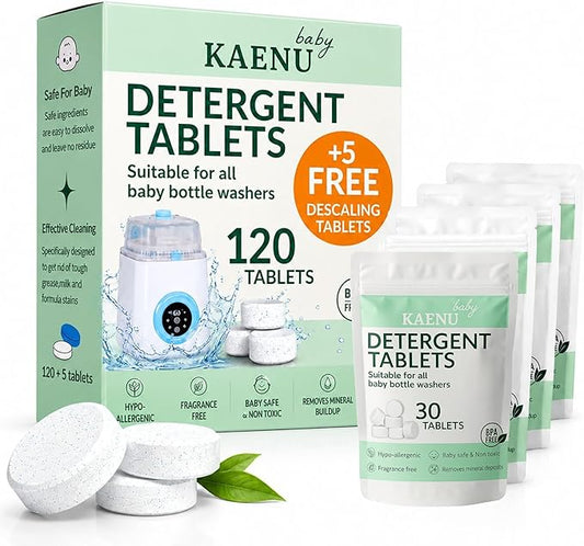 Bottle Washer Detergent Tablets -120 PCS & 5 Free Descaling Tablets - Compatible with all Baby Bottle Washers, Baby Brezza, Momcozy & Grownsy - Removes Milk Residue & Odor from Bottles & Pump Parts